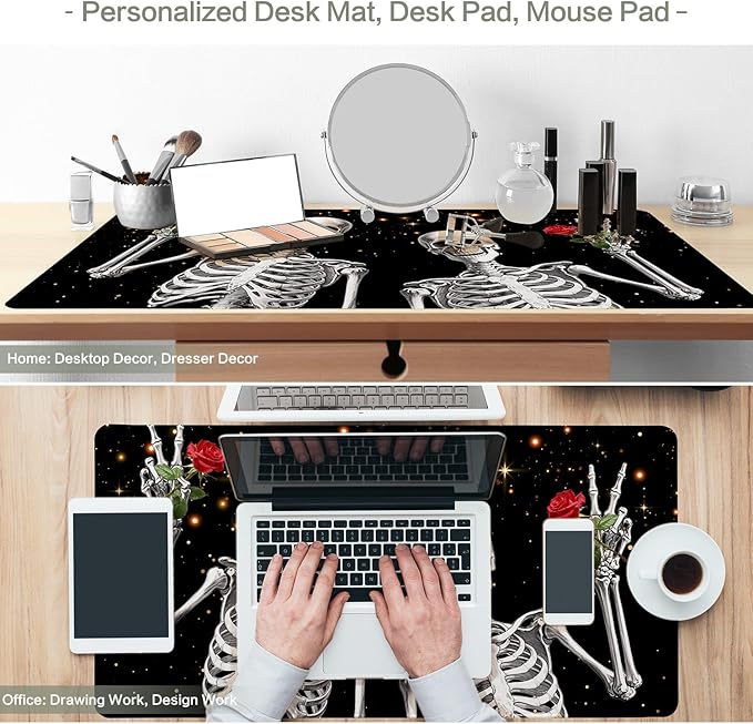 Love, Roses and Skulls Mouse Pad Desk Mat, Waterproof Black XXL Extended Large Gaming Mouse Pad Halloween Skull Rose Desk Pad Mousepad XXL Extended Keyboard Mat Mouse Mat, 31.5 x 15.7 in