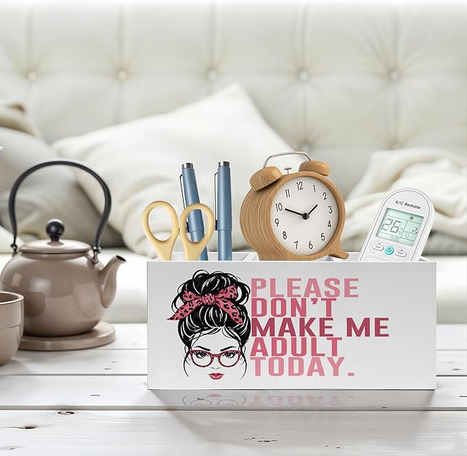 Funny Pencil Pen Holder for Desk, Funny Office Gifts for Women, Please Don't Make Me Adult Today Wooden Pencil Holder Organizer for Home Office Desk Accessories