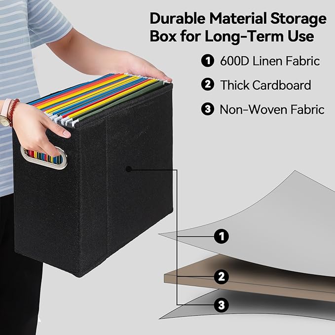 6 Packs Letter Size File Organizer, File Folders Organizer, Fabric Storage Box, Collapsible Paper Organizer with Metal Handle, Smooth PVC Rails, Only Box (Black)