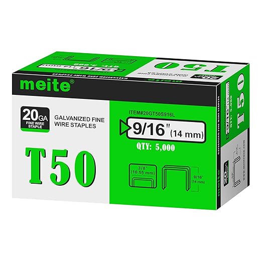 meite T50 Staples, 9/16 Inch Heavy Duty Staples for Staple Gun, Galvanized 20 Gauge 3/8 Inch Crown Staple for Upholstery, Construction, Furniture (1 Case)