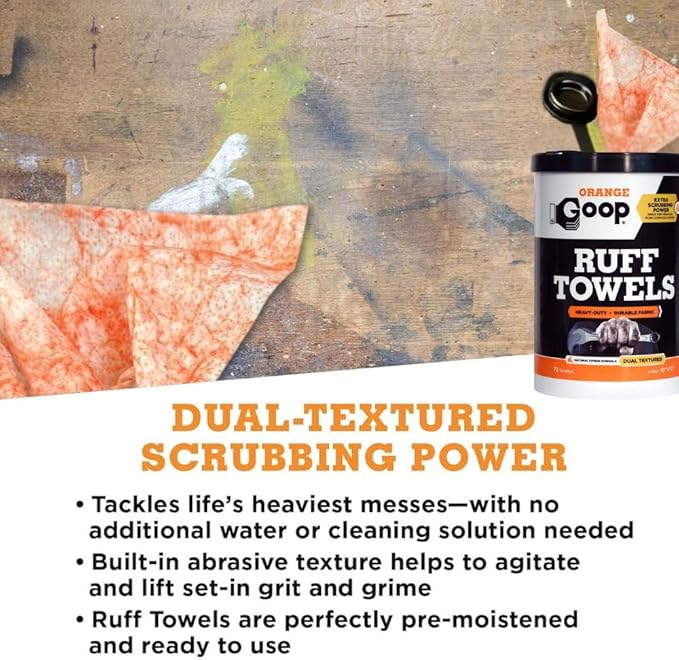 GOOP Orange Heavy Duty Ruff Towels with Scrubbing Power, 10” x 12” Dual Textured Multi-Purpose Cleaning Wipes, Removes Dirt, Grease, Oil, 72 Count (Pack of 2)