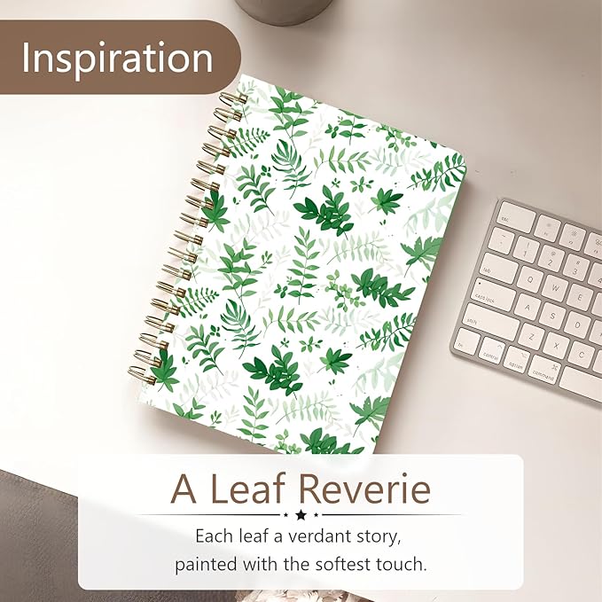Cute Spiral Notebook journal A5 Aesthetic Pretty Floral Design for Women Girls Kawaii with Pocket, 8.5 x 5.7 inch, Green Leaves