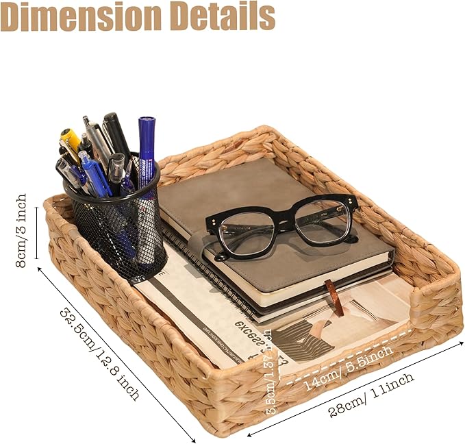 Set of 2 Water Hyacinth Letter Tray for A4 File Desk Mail Letter-Size Paper, Basket Woven Organizer, Magazine Files Storage, Office Document Organizer and Storage