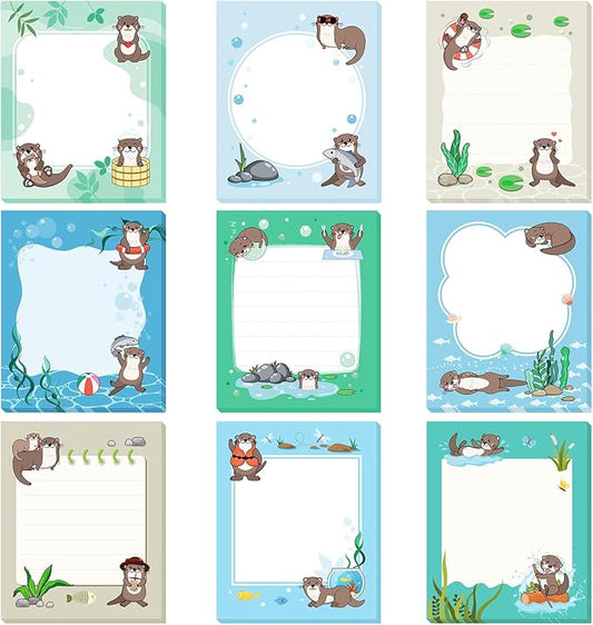Sabary 9 Pads Cute Sticky Notes Animal Sticky Note Pads 3.15 x 3.94 Inches Colored Adhesive Memo Reminder Decor for Journal School Office Gifts(Otter)