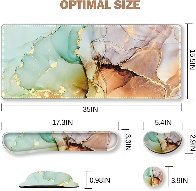 ARTSO Large Gaming Mouse Pad, Keyboard Wrist Rest Pad & Wrist Support Mousepad Set, Stitched Edge, Extended, Non-Slip Base, Memory Foam Desk Mat for Office, Home, Abstract Art Marble