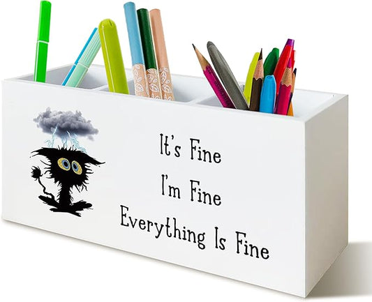 It's Fine I'm Fine Everything is Fine Funny Cat Pen Holder for Desk, Funny Desk Accessories for Work, Sarcastic Office Humor Gifts Wooden Pen Pencil Holder Organizer for Office