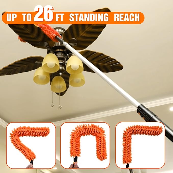 LAANPOLE 26FT Reach Ceiling Fan Cleaner Duster, Fan Blade Cleaner Kit with 5-20FT Extension Pole, Microfiber Duster & Replaceable Cleaning Cloth for Blades, Ceiling, Furniture