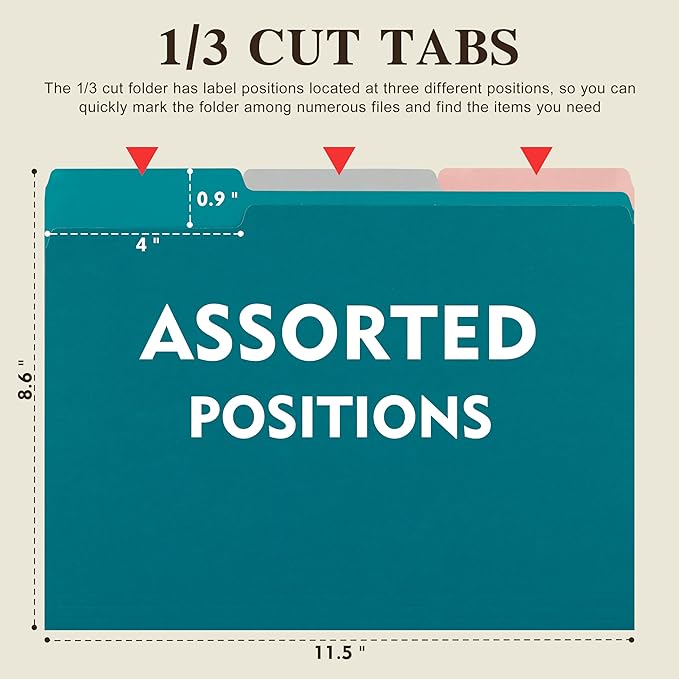 Color File Folders, 1/3-Cut Tabs, Letter Size, Assorted Colors Organizer File Folders for School Home Office Business (60, Assorted Colors)