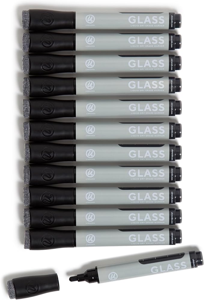 U Brands Bold Tip Liquid Glass Whiteboard Markers with Eraser for Glass Boards, Dry Erase Boards, and Chalk Boards, Black, Set of 12