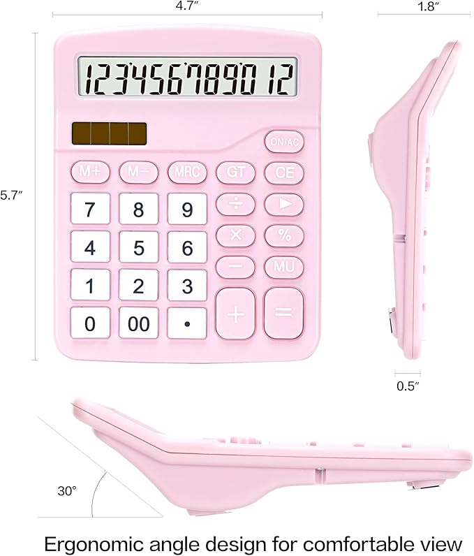 Calculator, Deli Standard Function Desktop Calculators with 12 Digit Large LCD Display and Sensitive Button, Solar Battery Dual Power Office Calculator, Pink