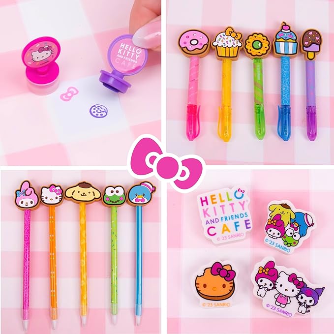 Hello Kitty & Friends Café Multi-Pen Set, 10 Hello Kitty Pens For Kawaii Notebook, Stamps, Erasers & More Sanrio Stationery, Fun Office Supplies, Cute School Supplies, Hello Kitty Merch