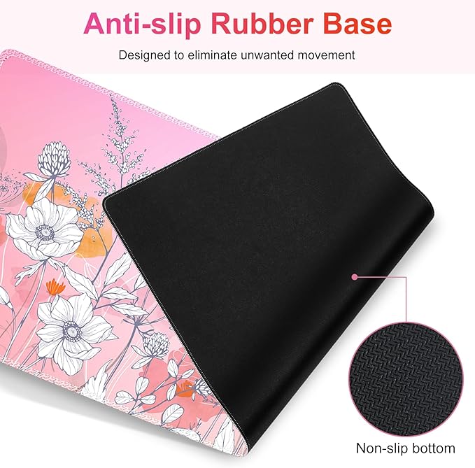 Gaming Mouse Pad Keyboard Wrist Support, 4 in1 Mousepad with Wrist Keyboard Rest, Computer Desk Mat, Non-Slip Desk Pad Protector with Memory Foam Easy Typing Pain Relief I Pink Flowers