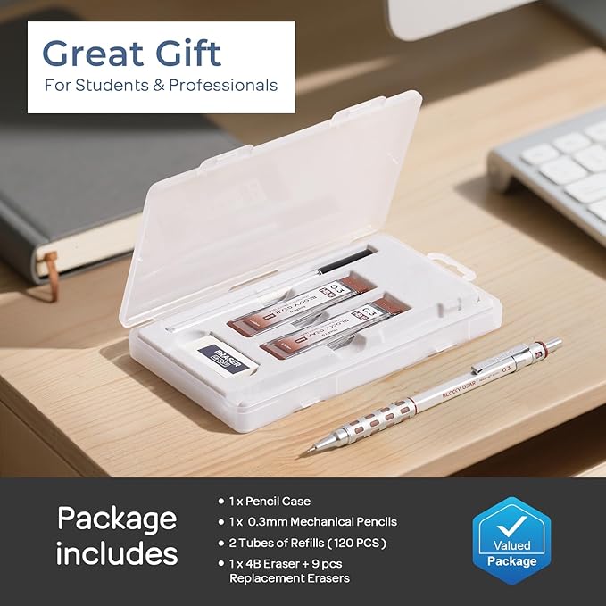 Nicpro Blocky Gear 0.3 mm Mechanical Pencils Set in Case, Metal Pencil with Lead Refills, Eraser for Professional & Adult Art Writing Drafting Drawing