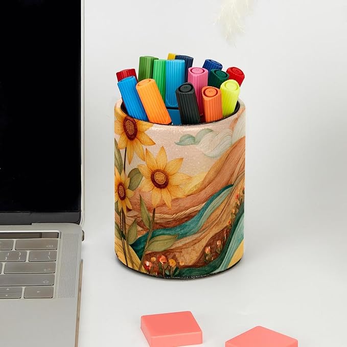Watercolor Art Sunflower PVC Leather Circular Pencil Holder for Desk Organizer Stationery Holder for Office, School(3.9 x 3.1 Inches)