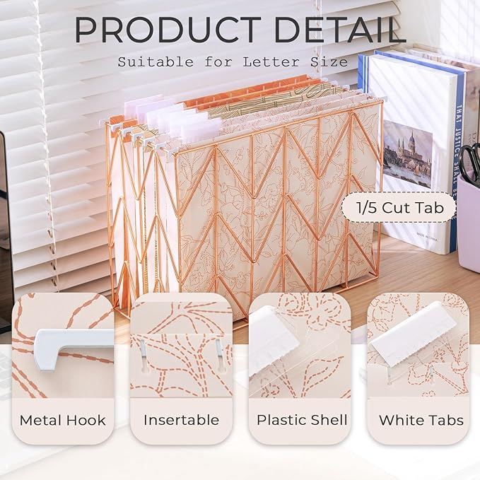 6 Pack Hanging File Folder Letter Size Reinforced Hanging Folders with 1/5-Cut Adjustable Tabs File Folders for Filing Cabinet Organizer for Office Home, Plant Line Design