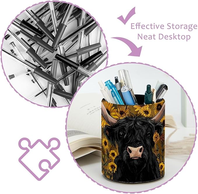 1 Pack Watercolor Sunflower Yak Circular Pen & Pencil Holder - Durable PU Leather Pencil Cup, Desk Accessories Organizer for Office Desk School Home