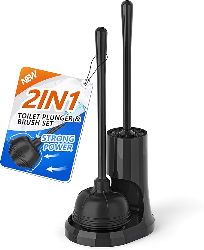 uptronic Toilet Plunger and Brush, Bowl Brush and Heavy Duty Toilet Plunger Set with Holder, 2-in-1 Bathroom Cleaning Combo with Modern Caddy Stand for for 5.7-inch Toilet Drain Bathroom Cleaning
