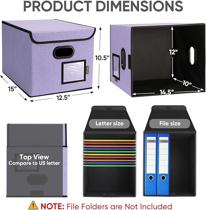 BALEINE File Organizer Box with Lid, Collapsible File Folder Organizer with Plastic Slide, Hanging File Folder Box for Office Document Storage (2 Pack, Purple)
