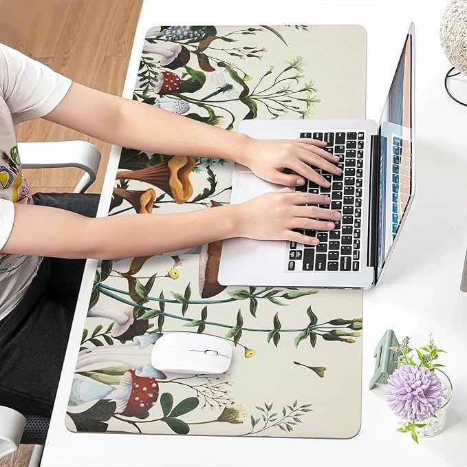 Bloss Plant Mushroom Desks Pad,Large Mouse Pad for Desktop, Leather Floral Desk Mat for Keyboard and Mouse,Waterproof Computer Laptop Desk Protector Mat for Office/Home/Women Gift,White 31.5" x 15.7"
