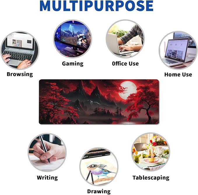 Darkness Red Moon Mouse Pad Abstract Red Mouse Pad 31.5x11.8 Inch Texture Non-Slip Rubber Base Large Mousepad Stitched Edges Keyboard Mouse Mat Desk Pad for Office and Home (Darkness 3)