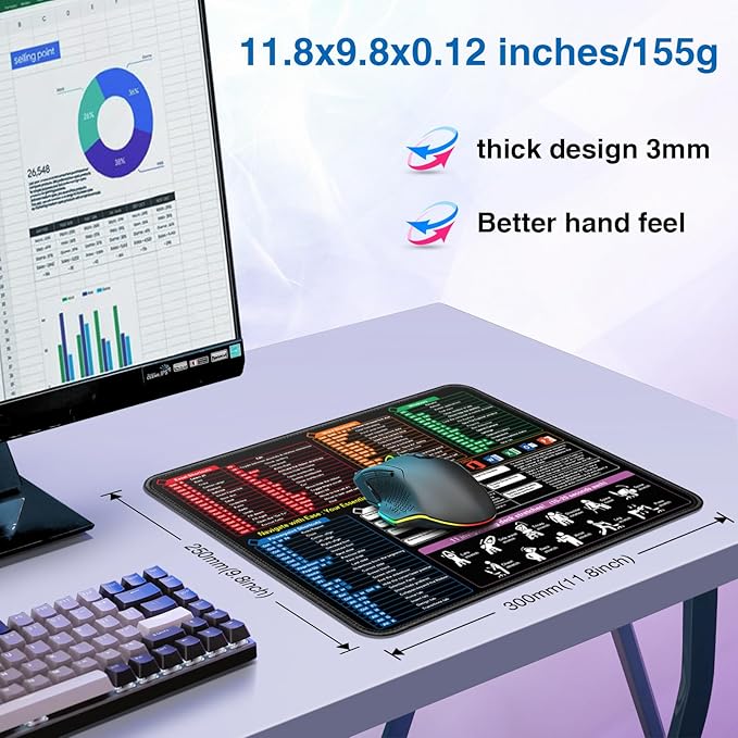 Excel Cheat Sheet Desk Pad Mat, Small Shortcuts Mouse Pad, Portable Keyboard Computer Mousepad 11.8"x9.8" with Non-Slip Stitched Edges for Laptop Office Accessorie Travel School Workplace