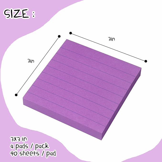 Lined Sticky Notes 3x3 Sticky Notes with Lines Self-Stick Notes Bright Color 4 Pads 90 Sheets/Pad (Purple)