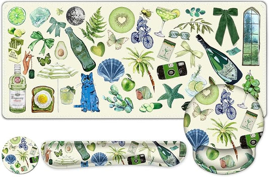 Mouse Pad, 4 in1 Large Desk Mat, Desk Pad Matt for Desktop, Anti-Slip XXL Big Computer Ergonomic Mousepad with Wrist Support for Keyboard and Mouse for Women I Green Theme Stickers