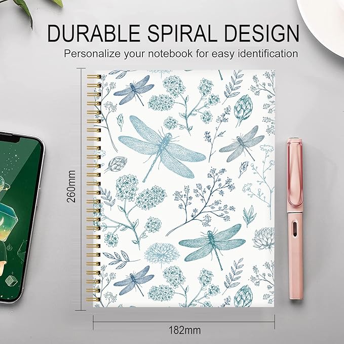 Spiral Journal Notebook for Women,A5 College Ruled Notebooks 6"x 8.4", 120 Pages Lined Journal with Premium Thick Paper,Perfect for School Office Home Gifts(Dragonfly)