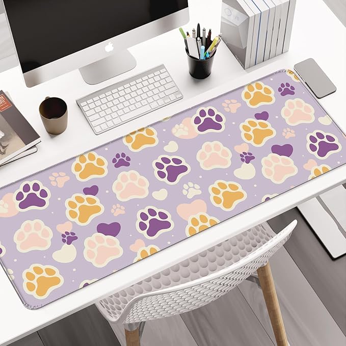 Cute Cat Paw Pattern Desk Mat, Large Gaming Mouse Pad, Computer Keyboard Laptop Girl Mousepad for Work, Game, Office and Home, XL, Purple