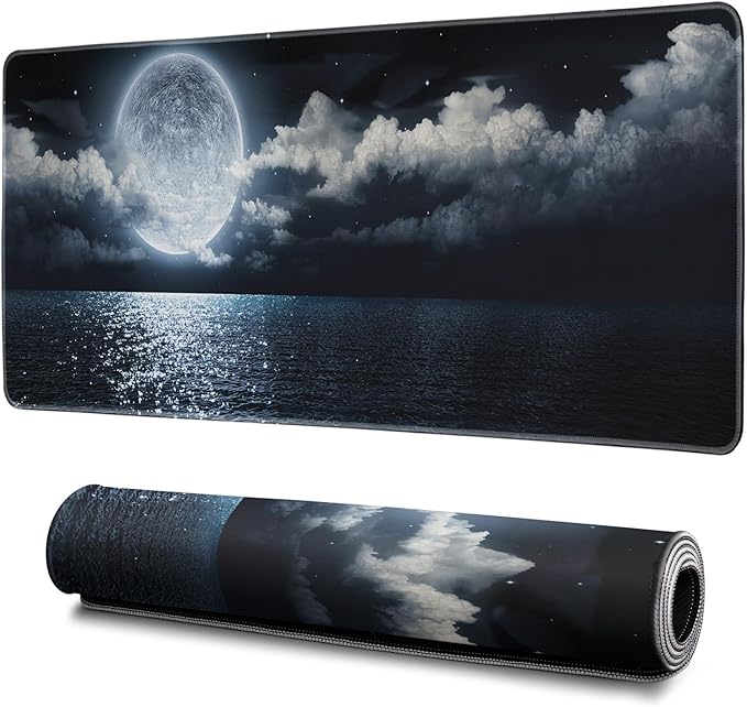 Black Sea Mouse Pad Abstract Black Mouse Pad 31.5x11.8 Inch Moon Texture Non-Slip Rubber Base Large Mousepad Stitched Edges Keyboard Mouse Mat Desk Pad for Office and Home
