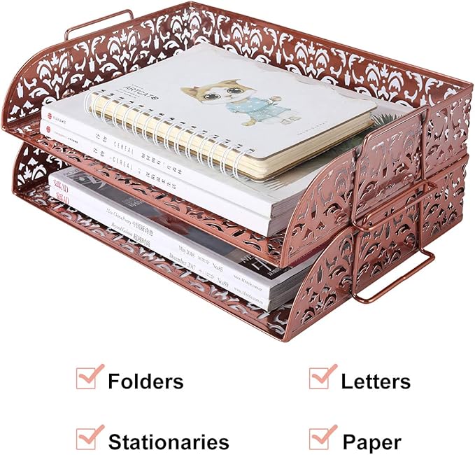 EasyPAG Paper Organizer for Desk 2 Tier Stackable Paper Tray for A4 Legal Size Folders Metal File Storage Desktop Organizer for Home Office School Teacher, Pink