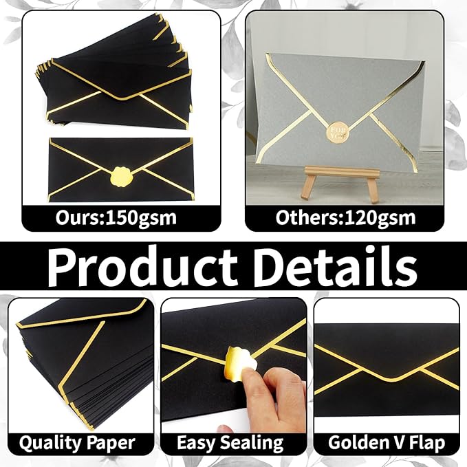 Business Envelopes with V-Flap,Gold Border 30 Pack #10 Envelopes Made of 150gsm Paper, Standard Envelopes with Gold Stickers for Office, Checks, Letter Mailing,9.45 x 4.13 Inches (Black)