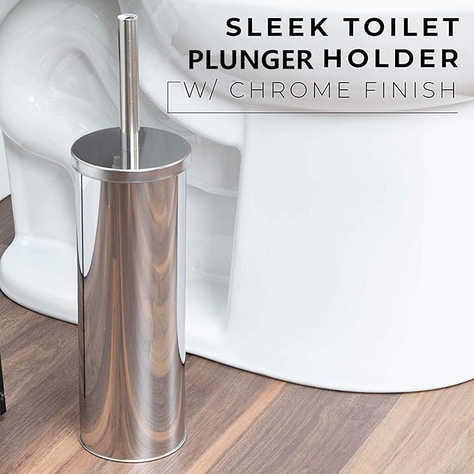 Chrome Toilet Plunger with Holder Bathroom Metal Canister Holder Drip Cup, Heavy Duty, Deep Cleaning Silver