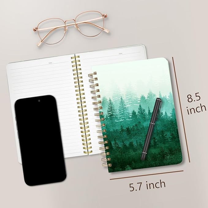 Cute Spiral Notebook journal A5 Aesthetic Pretty Floral Design for Women Girls Kawaii with Pocket, 8.5 x 5.7 inch, Green Forest