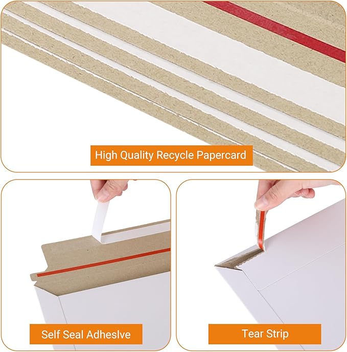 50 Pack 10x13.5 inch Rigid Mailer Self Seal Photo Document Mailers Stay Flat White Cardboard Envelopes White Photography Mailers for Papers,Photos, Document