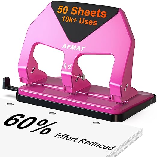 AFMAT HP20 Heavy Duty 3 Hole Punch, 60% Reduced Effort, 50-Sheet 3 Hole Puncher for Binder, 10,000+ Uses, Metal Three Hole Punch for Home Office School, w/Large Chip Tray, Paper Guide