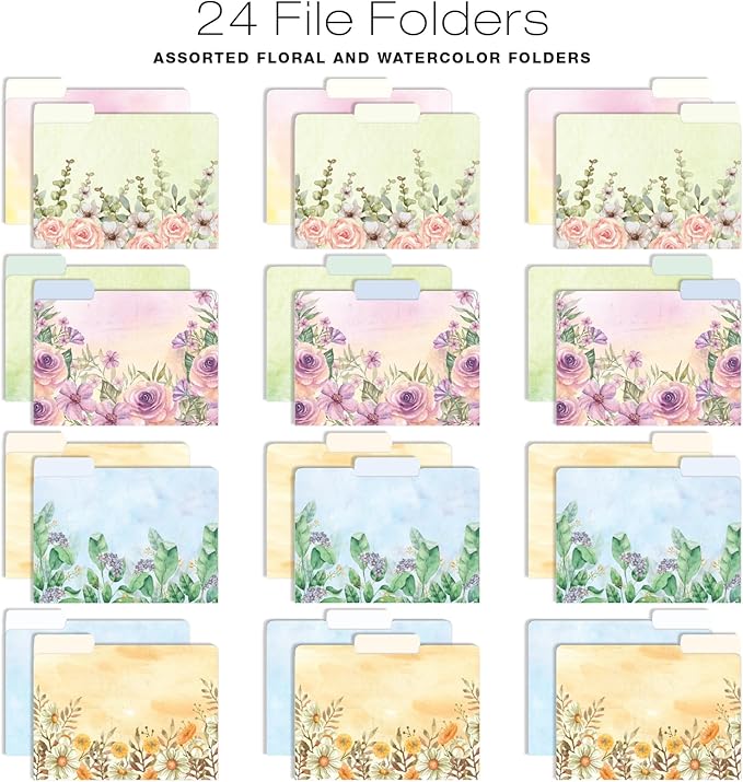 Global Printed Products Deluxe Designer Hanging File Folder Kit, Includes Metal Hanging Basket, 12 Hanging Folders, 24 File Folders, 1/3 Cut Tab, Assorted Positions, Letter Size (Watercolor Floral)