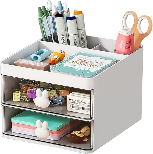 Marbrasse Small Desk Organizer with Drawer, Multi-Functional Pen Pencil Holder Storage Box, Desk Organizers and Accessories with 3 Compartments + 2 Drawer for Office Art Supplies(White)