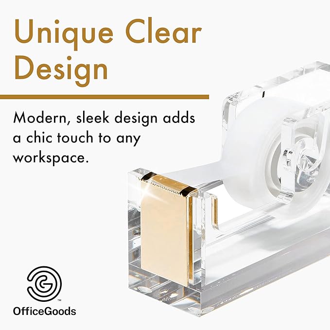 OfficeGoods Acrylic Tape Dispenser – Modern Desk Organizer for Office Supplies – Heavy Duty Refillable Tape Holder for Home and School Crafting – Stylish Desktop Accessory for Gift Wrapping, Gold