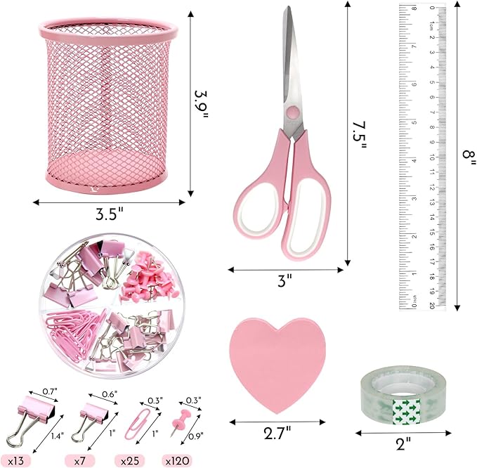 12pcs Pink Desk Accessories Office Supplies, Desk Organizers Set Stapler, Tape Dispenser Set, Staples, Clips, Scissor Gift for Students, Coworkers