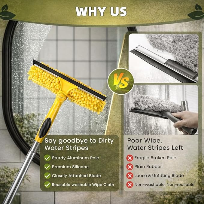 150'' Long Reach Window Squeegee with Telescoping Extension Pole, 2-in-1 Indoor/Outdoor Cleaning Tool with 270° Rotatable Head, Lightweight Alloy Aluminum Pole for Shower Door, Mirror, Car Windshield