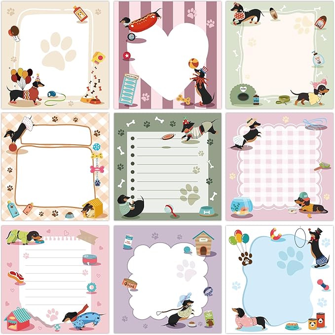 9 Pcs Cute Dachshund Notepads 3" x 3" Self-Adhesive Note Pads Fun Memo for Work Office Supplies School Home - 450 Sheets Reusable Dachshund Sticky Notes