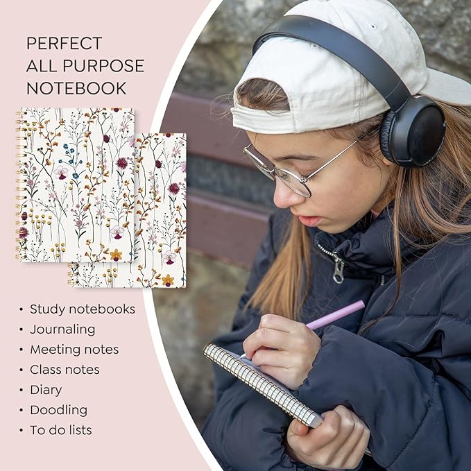 Floral Journal Notebooks, Flower Pretty College Ruled Notebooks for Note Taking, Cottagecore Botanical Floral Journal Journaling, Spiral Notebook 5.5x8.3