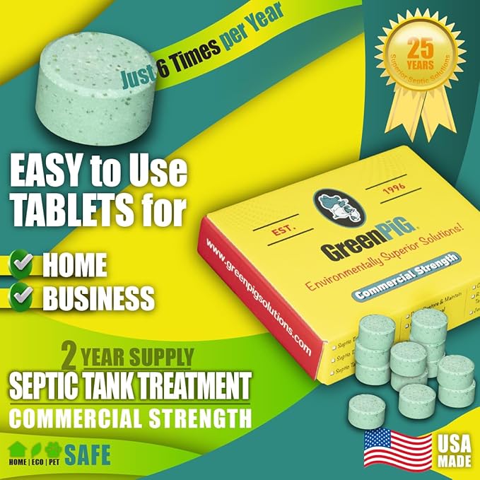 GREEN PIG Septic Tank Treatment Pods- Aids in the Breakdown of Septic Waste to Prevent Backups, Easy Flush Cleaner, 2-year supply, 12 Pods, 53C Live Tank Treatment