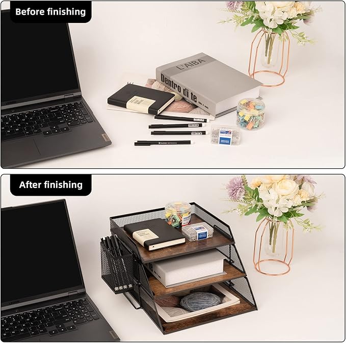 Vintage Wood & Metal Letter Tray， Stackable Desk Organizers Paper Tray， for File Magazines Mail Organizer, Vintage Wood Desk File Organizer with Pen Holder(3 Layer)