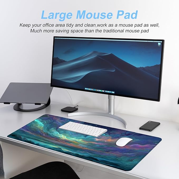 Starry Night Ocean Waves Mouse Pad – Large 31.5" x 11.8" Abstract Seascape Desk Mat with Vibrant Blue, Green & Purple Waves and Starry Sky, Non-Slip Rubber Base, Smooth Surface for Gaming & Office