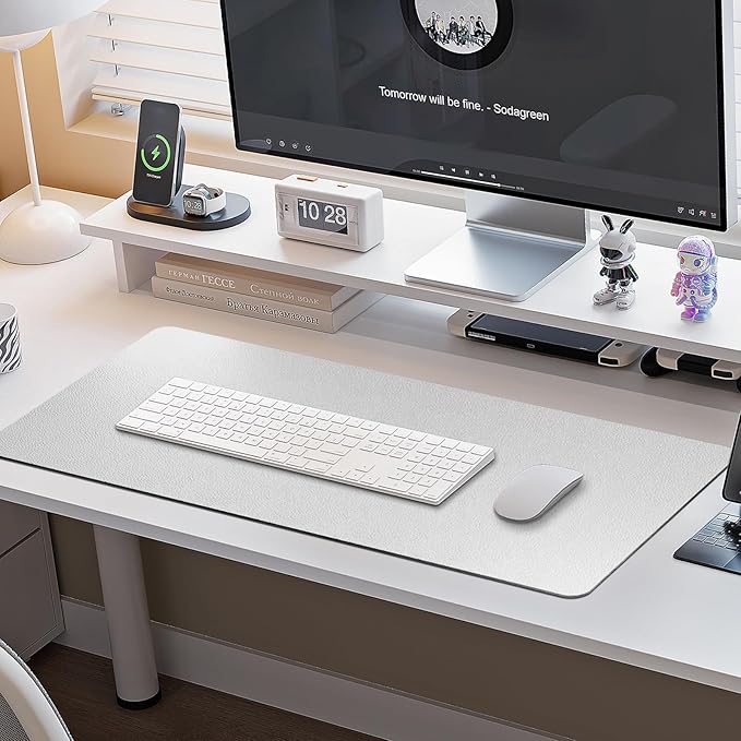 Boutilon Leather Desk Pad Protector,Non-Slip Mouse Pad,Laptop Desk Pad,Office Mouse Mat,Waterproof Leather Desk Blotter,Desk Writing Pad for Office and Home (M-Silver,30"x14")