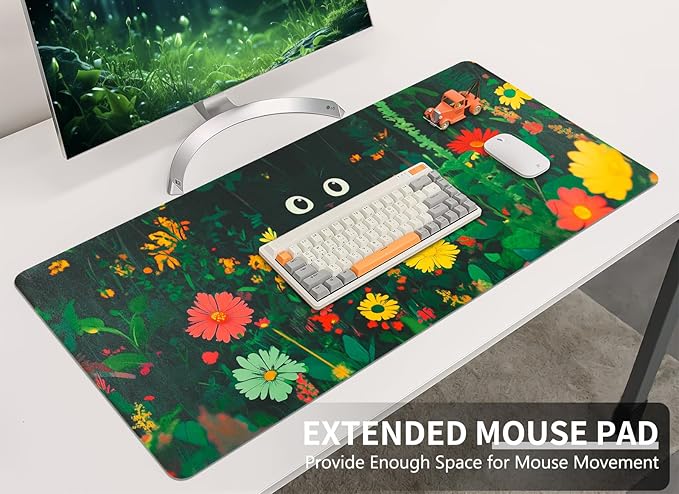 Bloss Green Mouse Pad,Large Floral Plants Desk Pads for Desktop,Cute Black Carton Cat Leather Desk Mat for Keyboard and Mouse,Computer Laptop Desk Protector Mat for Office/Home/Women Gift,31.5"x15.7"