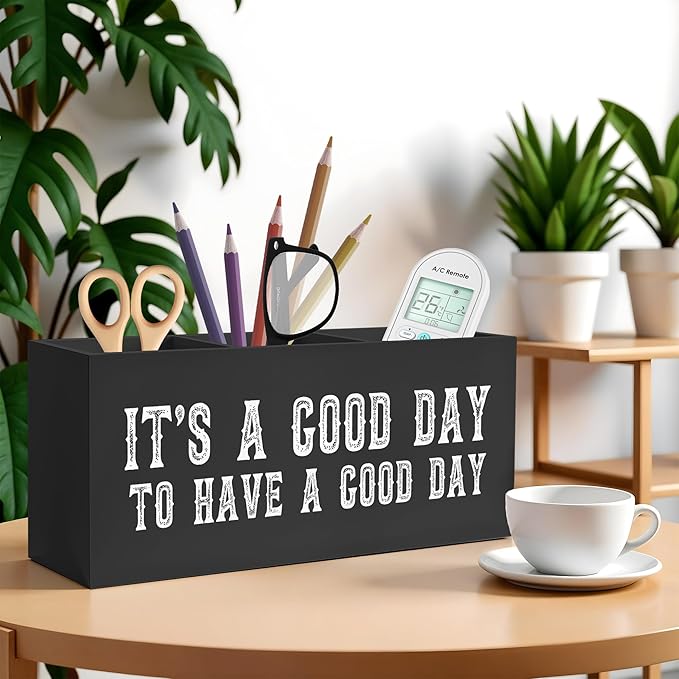 Inspirational Quotes Pencil Pen Holder for Desk, It's A Good Day to Have A Good Day Wooden Pencil Holder Organizer for Home Office Desk Accessories, Encouragement Gifts for Women Men