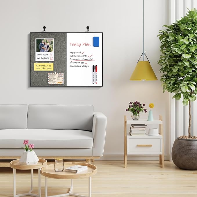 ARCOBIS Cork Board White Board Combo, 24"X18" Linen Bulletin Board Whiteboard for Wall, Double-Sided Magnetic Dry Erase Corkboard for Home, Office, School, Grey